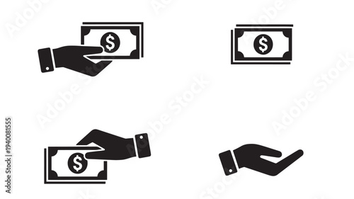 Hands holding and giving money banknotes with dollar sign, icons representing financial transactions and payment, isolated on white background.