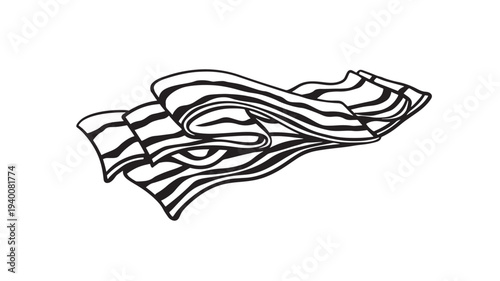 Bacon strips hand drawn icon with black ink on white background, stylized food illustration featuring pork, breakfast, meat with uncooked and raw