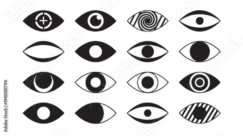 Eyes icons set with black outline and filled pupils, presented in a grid of sixteen graphic designs for visual concepts.