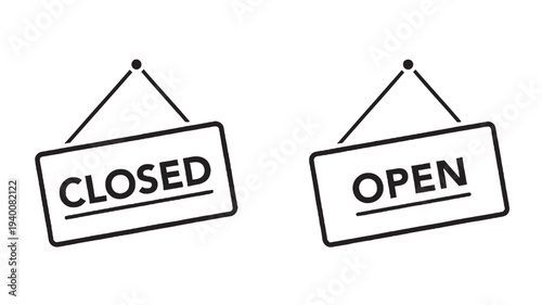 Open and Closed sign icons with text, representing business status, displayed on a white background in a simple line art style.