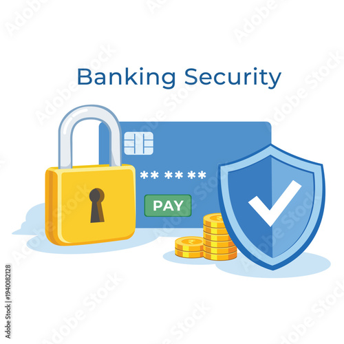 Banking security with credit card padlock shield and coins