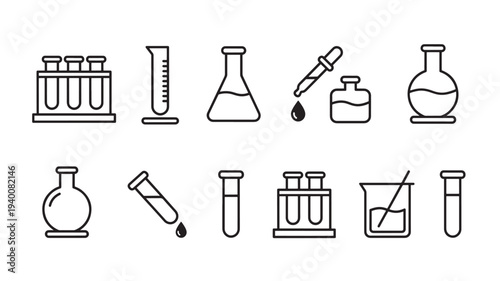 Laboratory equipment icons with test tubes, beakers, flasks, and droppers for science and research applications.