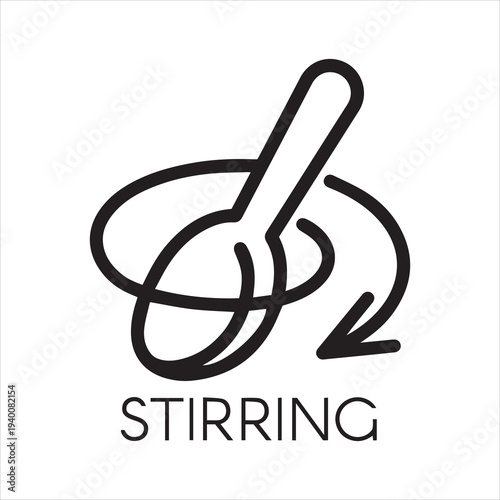 Icon in line style of stirring spoon with arrow direction. Symbol for recipes, culinary books, websites and mobile apps. Vector mono stroke linear label. Illustration on a gray background