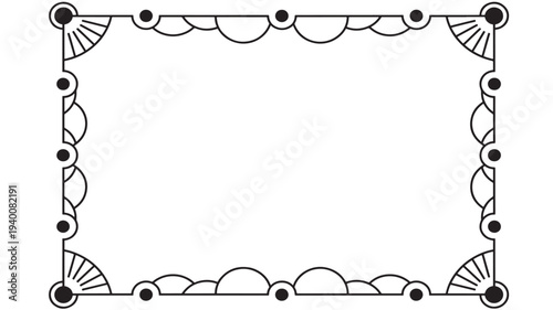 Rectangle border with rounded corner details and repeating fan-like elements and circles, all in a clean black line art style.