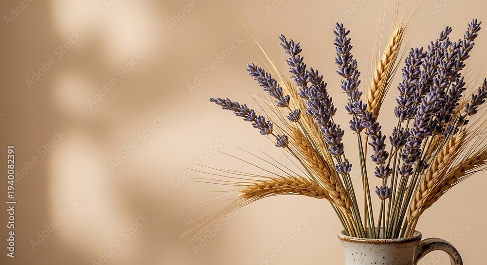 Fototapeta premium Beautiful lavender and wheat bouquet in rustic ceramic mug on beige background