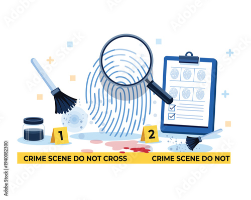 Crime scene investigation tools with fingerprint magnifying glass and evidence markers
