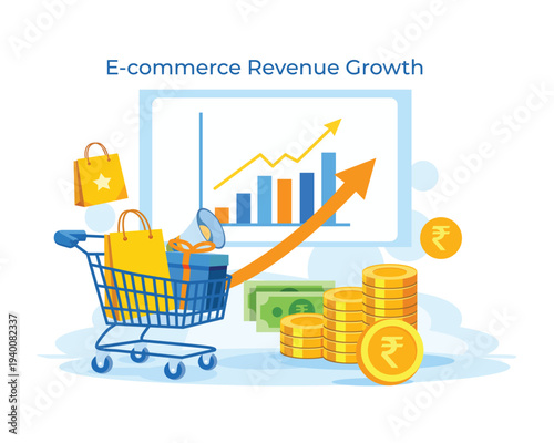 E‑commerce revenue growth with shopping cart coins currency and rising chart