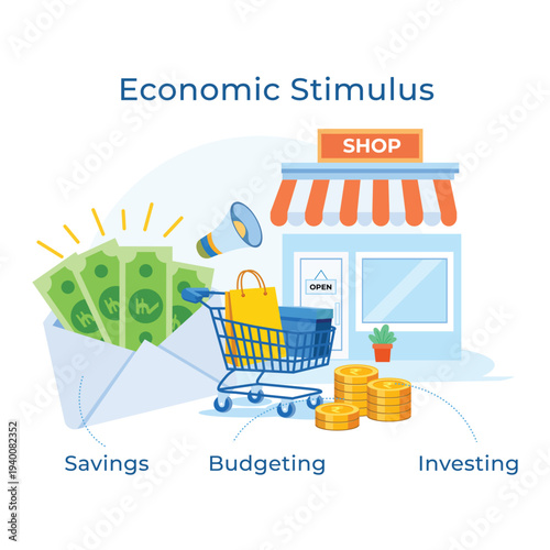 Economic stimulus with shop shopping cart money envelope megaphone and coins