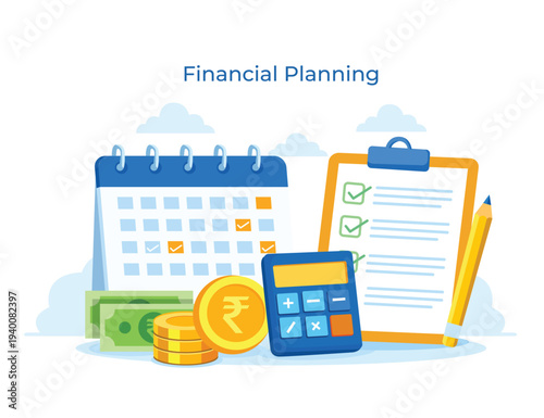 Financial planning with calendar checklist calculator currency and coins