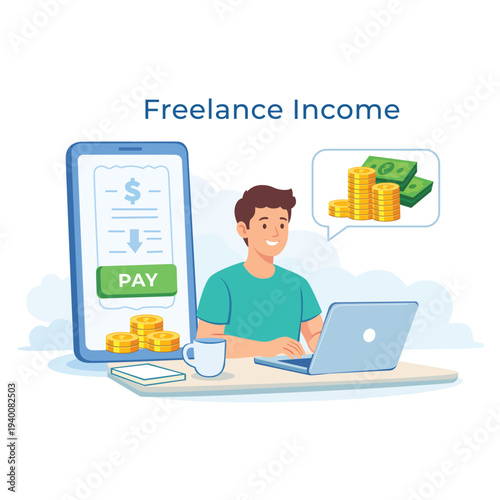 Freelance income with person laptop smartphone payment receipt and coins