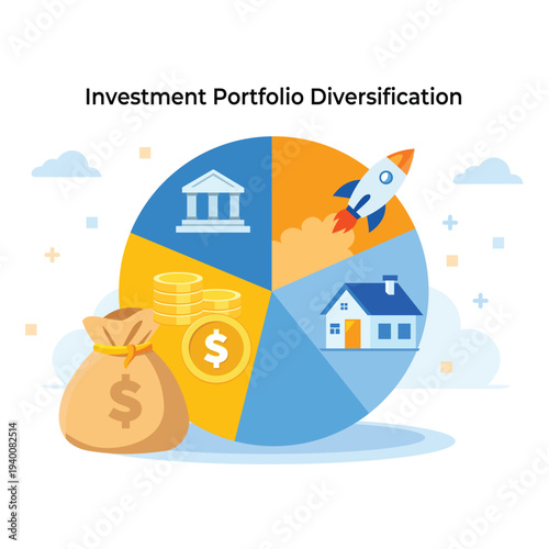 Investment portfolio diversification with pie chart bank rocket house and coins