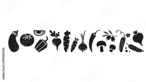 Vegetables set with eggplant, tomato, bell pepper, beetroot, carrots, onion, chili, mushrooms, olives, and cucumber silhouettes.