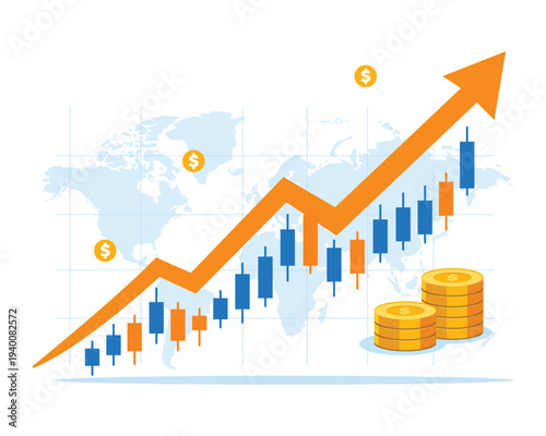 Stock market growth with candlestick chart arrow coins and world map