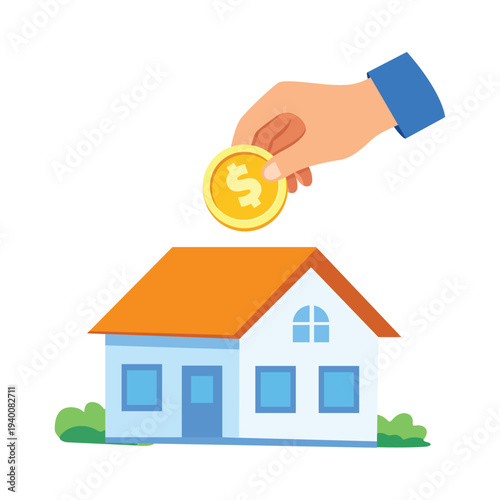 Hand placing dollar coin into house roof showing real estate savings and investment