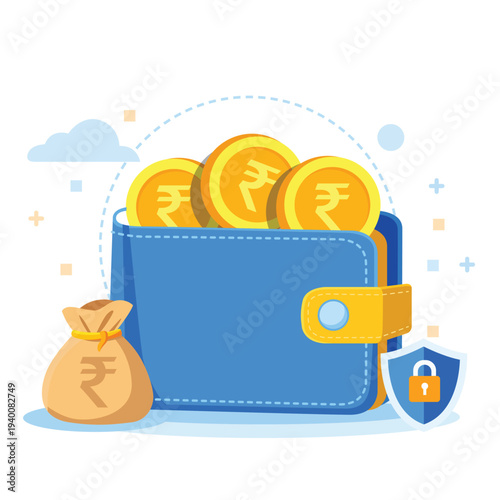 Digital wallet security with rupee coins money bag and shield