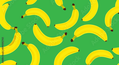 Seamless pattern of bright yellow ripe bananas scattered randomly on a vibrant green background, ideal for tropical fruit designs, food packaging, or summer-themed marketing materials.