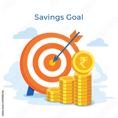 Savings goal with target arrow coins and rupee symbol