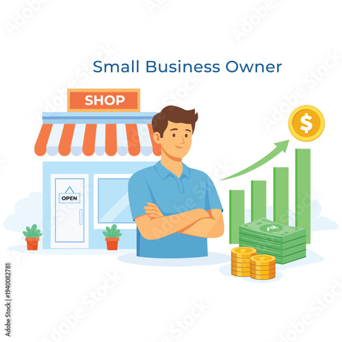 Small business owner standing in front of shop with growth chart money and coins