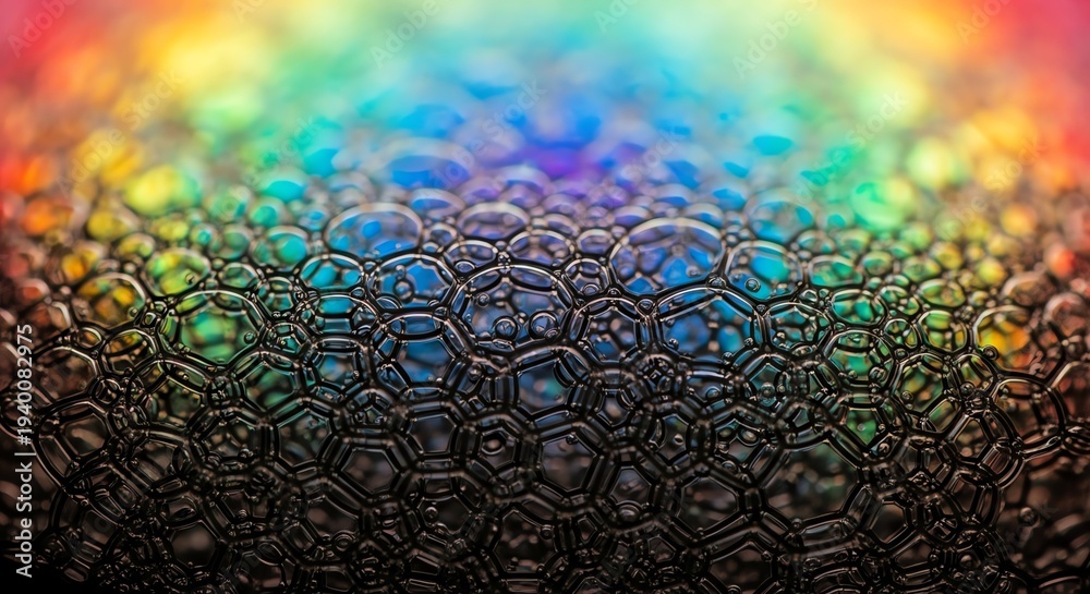 Naklejka premium Close-up of colorful iridescent bubbles with rainbow reflections and textured surface.