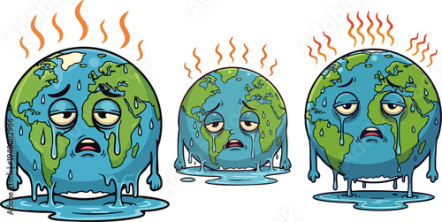 Set of 3 melting Earth globe characters vector illustrations depicting global warming, climate change, and environmental crisis with sad faces and rising temperatures