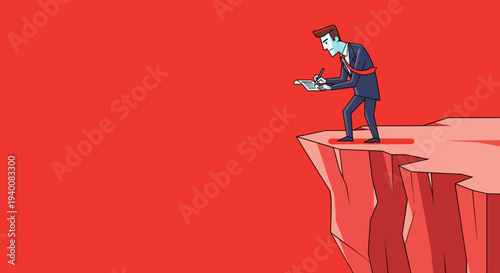 Businessman Standing on Cliff Edge Making Risky Business Decision Concept