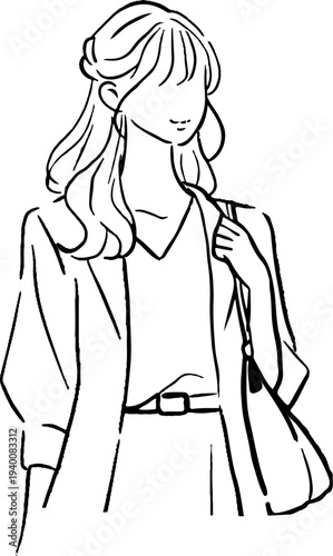 通勤中の女性のラインイラスト　手描きベクター