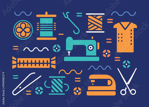 Sewing machine and tailoring icons are set on a dark blue surface.