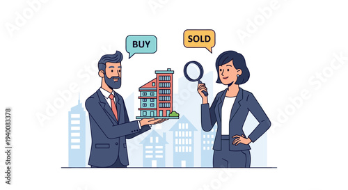 Real Estate Agent Showing Property with Buy and Sold Investment Concept