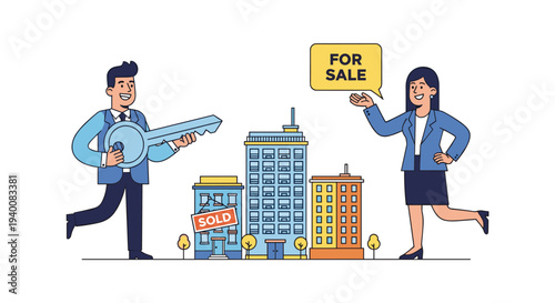 Real Estate Agents Selling Property and House Deal Vector Illustration