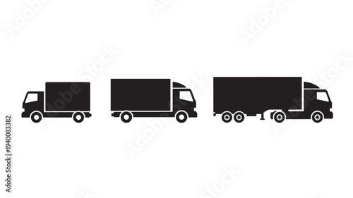 Truck icons in black silhouette showing different sizes and wheel configurations for logistics and transport purposes.