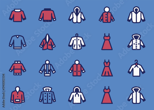 A grid of twenty clothing icons including red sweaters and white jackets with dark blue outlines is displayed against a solid blue background.