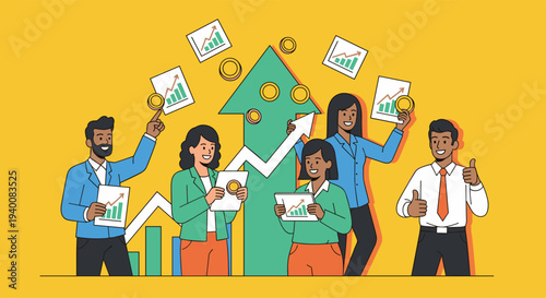 Business Team Celebrating Financial Growth with Up Arrow Charts and Reports