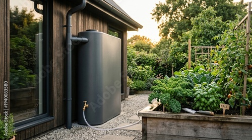 Modern slimline rainwater harvesting tank in a contemporary home garden at sunset.