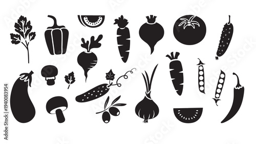 Assorted black silhouette icons of vegetables and herbs including eggplant, mushrooms, peppers, and carrots on a white background.