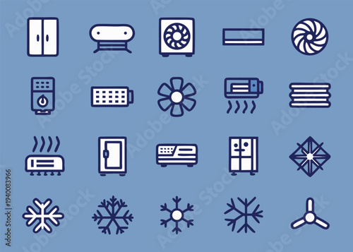 A grid of twenty white and blue icons depicting refrigerators and air conditioning units is presented against a flat blue background.