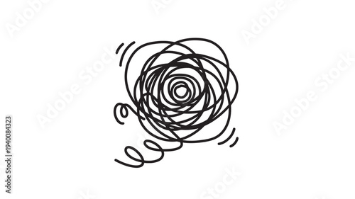 Spiral chaos black scribble with circular motion and radiating lines on a white background creating a sense of confusion.