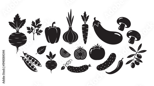 Vegetables and herbs black silhouette collection featuring beetroot, parsley, bell pepper, onion, carrot, eggplant, mushrooms, tomatoes, peas,