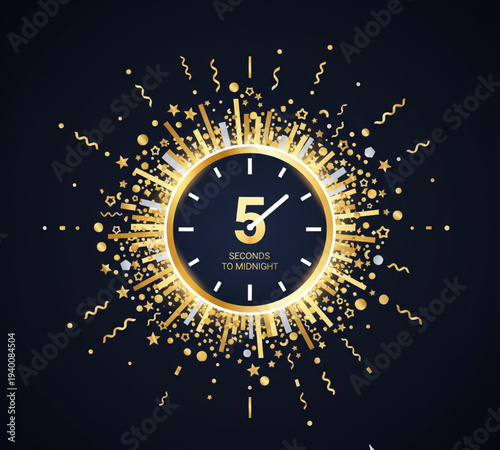 A golden clock surrounded by fireworks and stars on a dark background from a front viewpoint