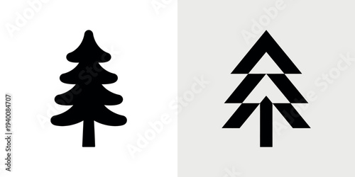 Black silhouette and geometric pine tree silhouette