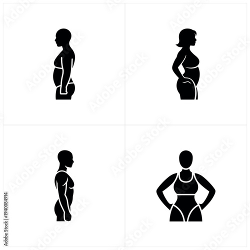Black silhouettes of women in underwear showing body changes during pregnancy