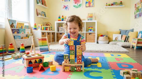A playful child building a tower with colorful blocks on a vibrant playroom mat surrounded by toys and educational materials