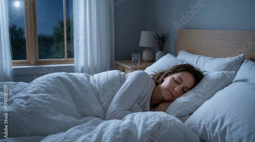 Woman sleeping peacefully in bed at night. A serene scene of a woman resting in bed under moonlight