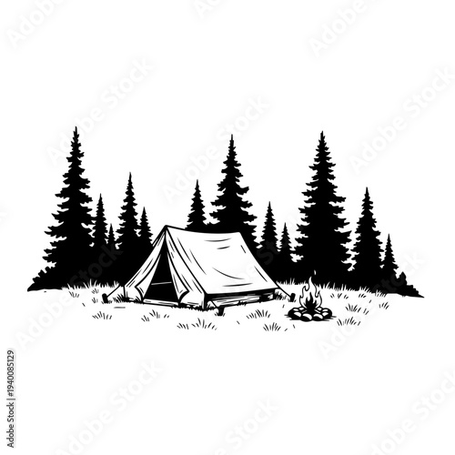 Camping scene illustration, outdoor recreation and forest trekking symbol.