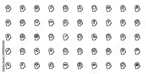 Human Mind Icon Set. Vector Illustration of Psychology, Thought, Intelligence, Brain, Idea, Emotion, and More. Minimal Line Icons Pack.