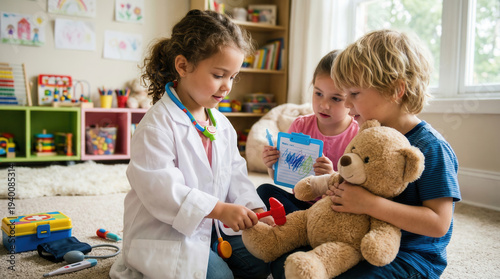 Children playing doctor with a teddy bear in a playroom, imaginative scene unfolding with friends nearby