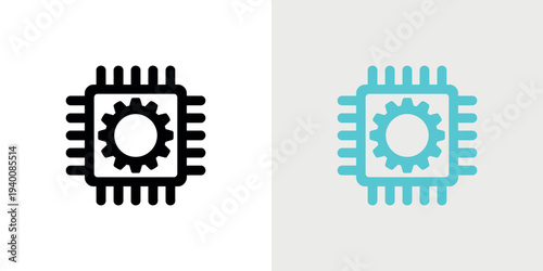 Black and teal microchip with gear inside symbol technology