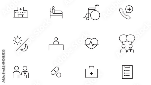 Healthcare icons set depicting hospital, patient bed, wheelchair, phone call, and medical symbols for health and wellness services.
