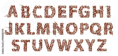 High detailed brown empty decorative aggressive brick styled vintage font. Grunge letters isolated on transparent background. Vector PNG