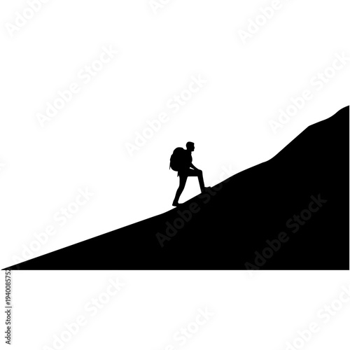 Hiker silhouette with backpack trekking in mountains, adventure concept.