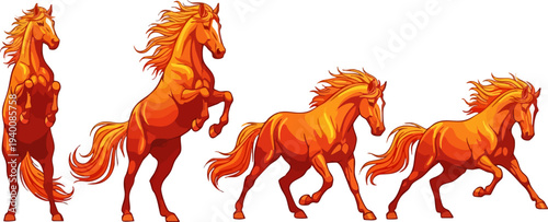 Set of 4 Dynamic Orange Horse Vector Illustrations in Various Poses: Rearing, Standing, Trotting, and Galloping for Motion Graphics and Animation